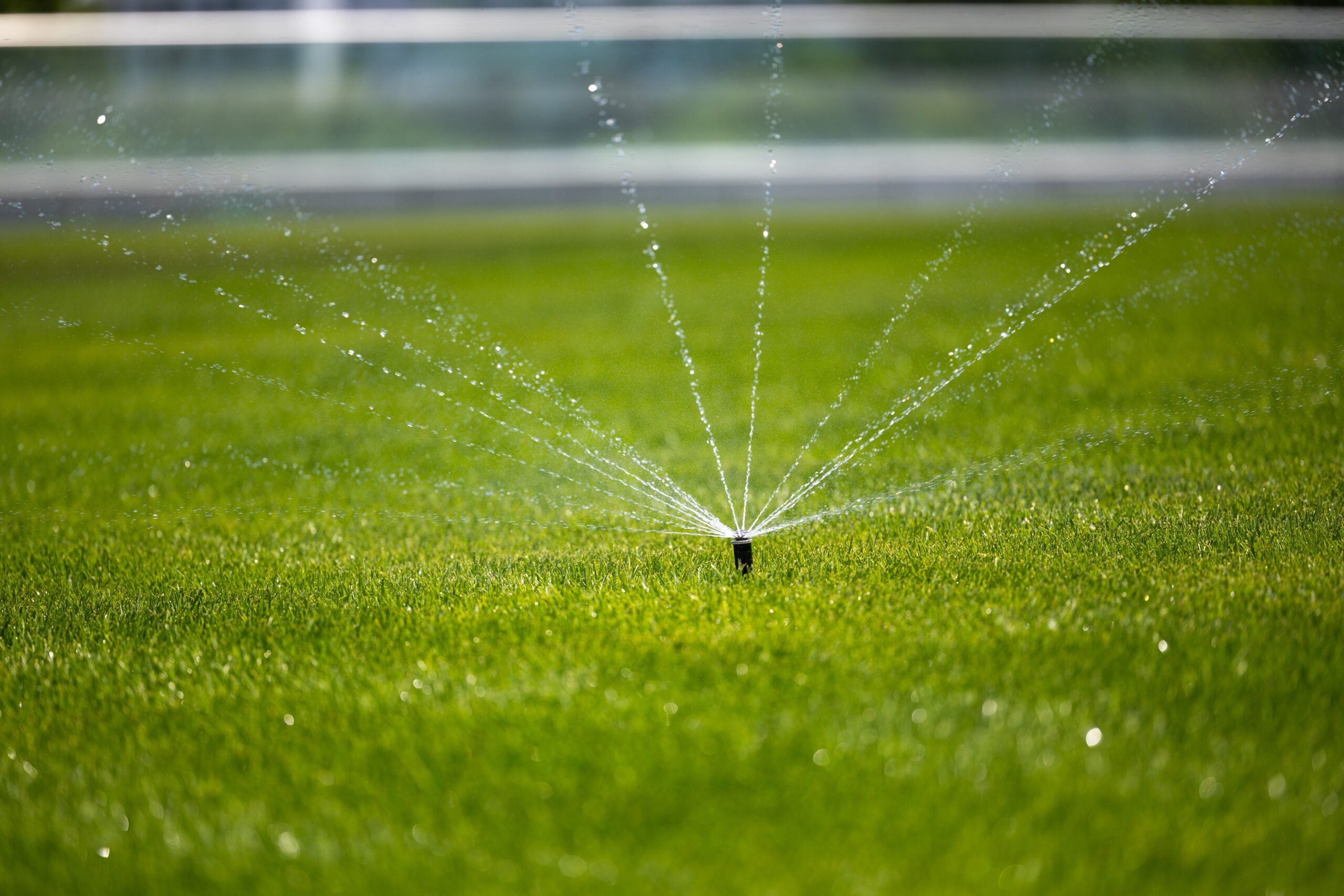 A lawn with water sprinklers on it A lawn with water sprinklers on it